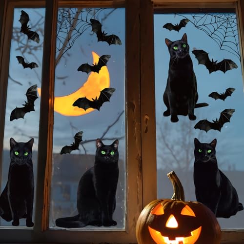 Halloween Window Clings Decor Set - 6 Sheets with Black Cats Bats Spider Webs