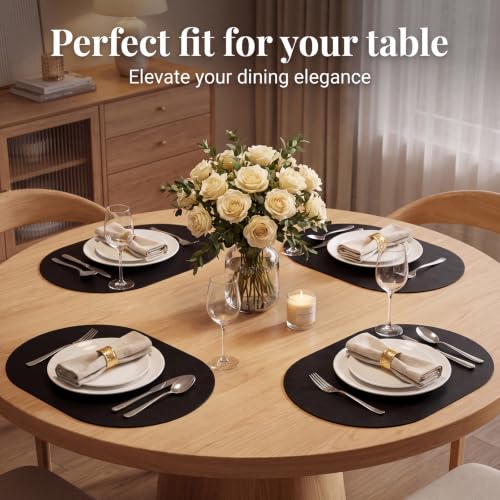 Faux Leather Placemats Set of 6 - Black, Ultra-Thick 2mm, No-Curl Flat Pack