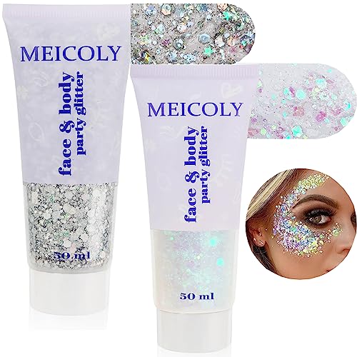 White and Silver Body Glitter Set for Face Hair Rave Cosplay - Chunky Sequins