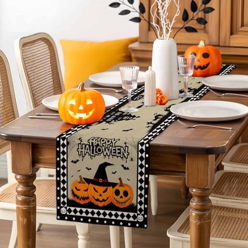 Halloween Table Runner 13x90 Inch Haunted House Pumpkin Decor for Festive Dining