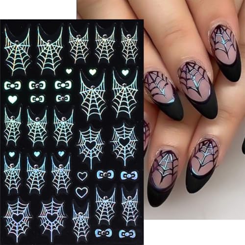 Halloween Nail Stickers Set - 4 Sheets 5D Embossed Spider Web Ghost Rhinestones