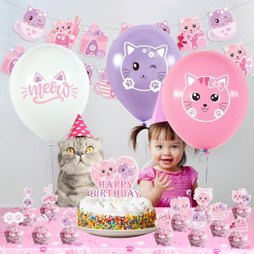Cat Birthday Party Decorations Set with Banner, Cake Toppers, Balloons & Ribbons