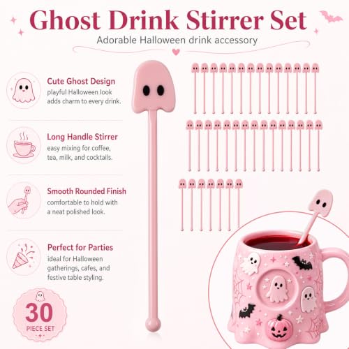 30 Pcs Halloween Pink Ghost Drink Stirrers - Fall Cocktail Swizzle Sticks