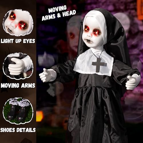 Scary Halloween Animatronic Nun Doll with Light-Up Red Eyes, Sound & Lunging Motion, Indoor & Outdoor Decor
