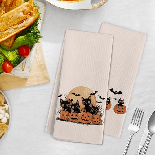Black Bat Pumpkin Halloween Kitchen Hand Towels Set of 2 - Fall Bathroom Decor