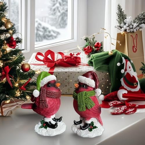 Christmas Cardinal Figurine - Red Birds Holiday Tabletop Decor, Indoor Outdoor