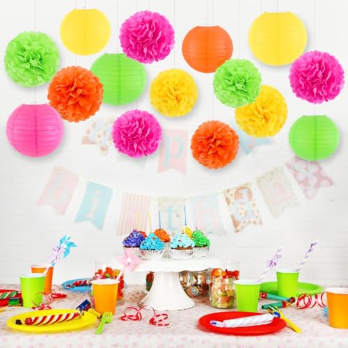Neon Paper Lanterns and Pom Poms Glow Party Decorations - 15pcs - Neon
