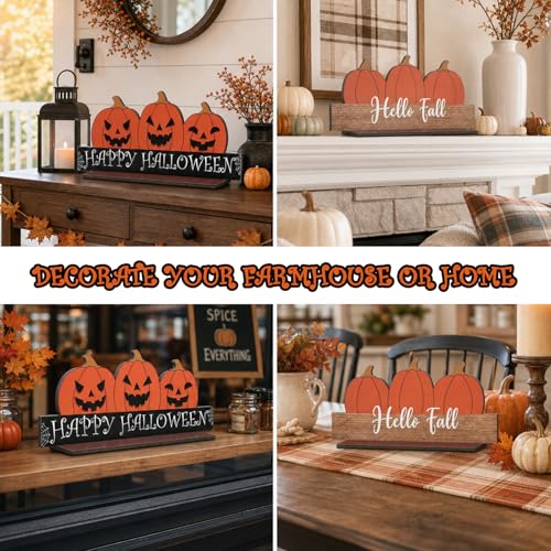 Halloween Double Sided Wooden Tabletop Decor Pumpkin Sign 12x5 Inch for Farmhouse & Seasonal Displays