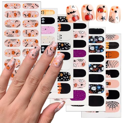 Halloween Ghost Pumpkin Spider Web Nail Stickers - 6 Sheets Halloween Nail Art Wraps with 3D Self-Adhesive Designs - Variation of THIS listing