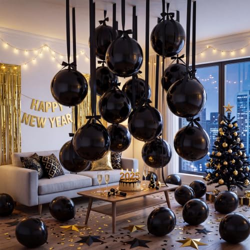 Black 22 Inch Round Metallic Foil Balloons Set - 20 Pieces with Ribbon - Birthday, Wedding, Halloween Decorations
