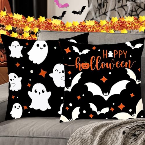 Halloween Pillow Covers 18x18 Set of 2 - Black & White Ghost Decor, Double-Sided HD Print