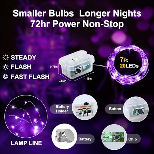 Purple Fairy String Lights 7ft 20 LED Waterproof Battery Operated - 24 Pack