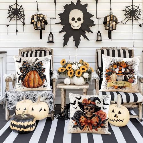 Halloween Velvet Pillow Covers Set of 4 - 18x18 Inch Spooky Cat Pumpkin Ghost Decor - Pumpkin Bow Variation