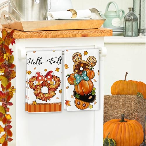 Fall Kitchen Towels Set - 4 Decorative Pumpkin Autumn Dish Towels 26x18 Inches