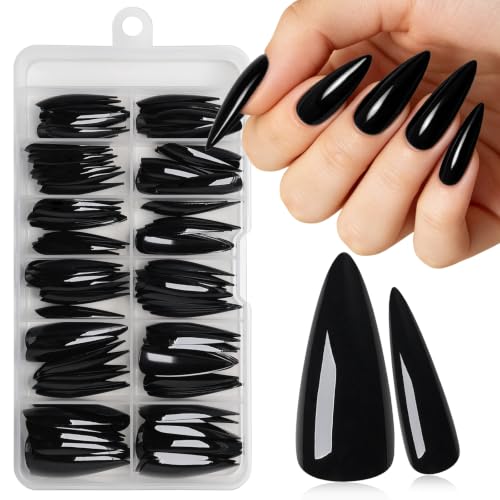 Black Long Stiletto Press-On Nails Kit with Glue & Accessories - 120pcs
