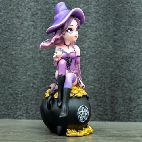 Purple Witch Resin Statue on Cauldron with Crystal Ball & Gold Coins - Whimsical Gothic Decor - Variation of THIS listing
