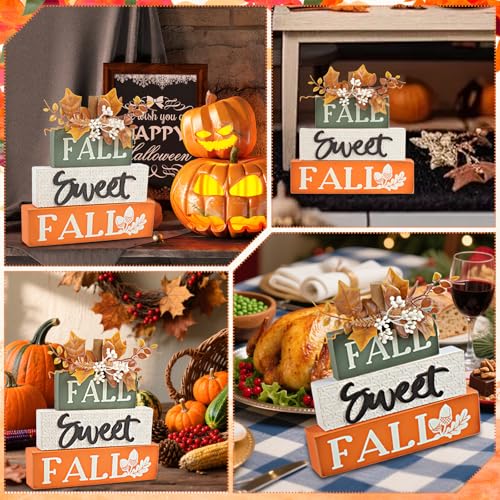 Rustic Fall Decor Wooden Maple Leaf Block Sign - Orange & Green Autumn Tabletop