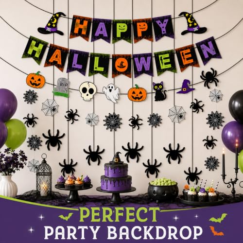 Halloween Spider Web Decoration Garland with Banner for Haunted House Indoor Decor