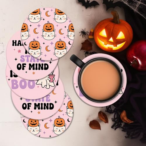 Halloween Coasters Set of 6 - Ceramic Pink Ghost Drink Protectors with Cork Bottom & Holder