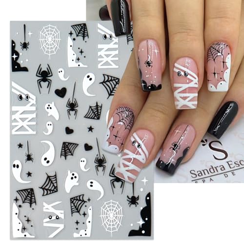 Halloween Spooky Nail Stickers - Black & White Spider Web Blood Heart Ghost Decals - 6 Sheets