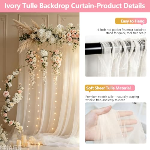Ivory Tulle Backdrop Curtain with String Lights 10ft x 10ft Wedding & Party Decor — Chesjin