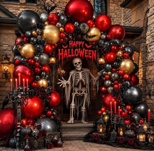 Halloween Balloon Arch Kit Double Stuffed Dark Red Burgundy Black Balloons - Variation of Red Black Gold