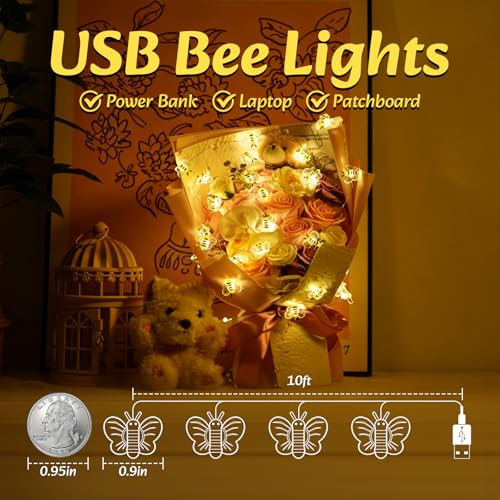 USB Bee String Lights 10Ft 30 LEDs Whimsical Honey Bee Decor - Variation of USB Bee