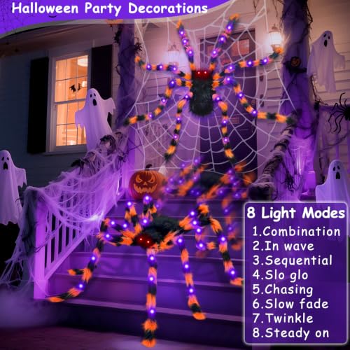Giant Halloween Spider Decorations with 8 Light Modes & 30 LED Lights - Orange Black, 50 Inch, 2 Pack