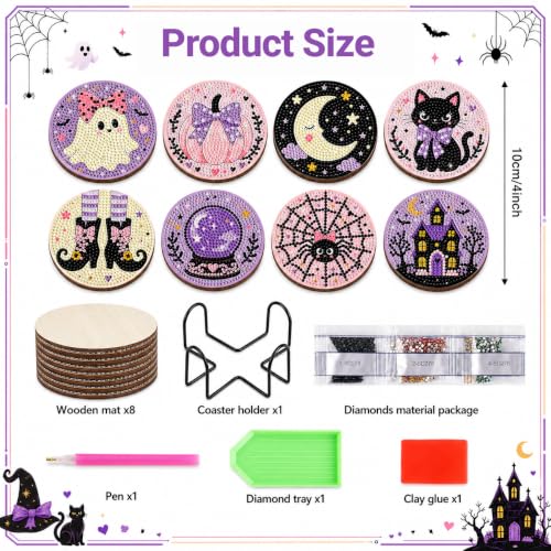 Halloween Diamond Art Coasters Set - Ghost Pumpkin Moon Black Cat Spider Web with Holder - Halloween-3
