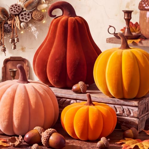 Fall Pumpkin Decor Set - Velvet Resin 3D Pumpkins for Indoor Autumn & Thanksgiving