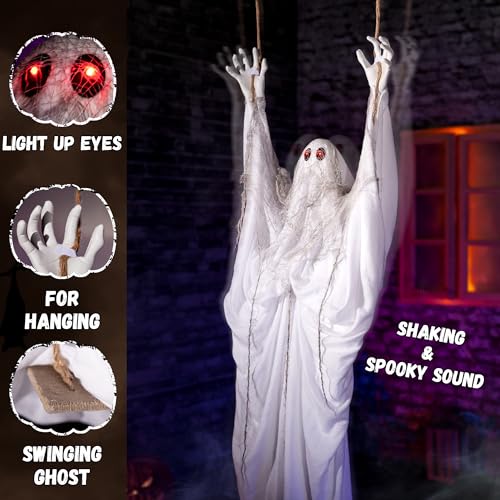 Halloween Animatronic Hanging Swing Ghost - 5ft Spooky Floating Decor with Sound & Light-Up Eyes - Variation: Swing Ghost