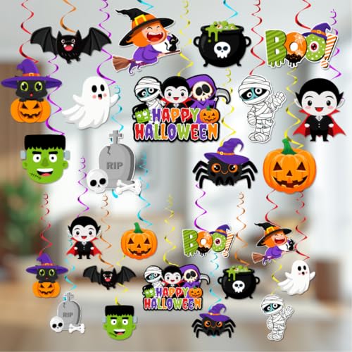 Halloween Hanging Decorations 26 Pack - Ghost, Pumpkin, Bat, Wreath & Spooky Swirls