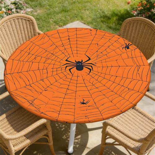 60 Inch Fall Round Waterproof Fitted Tablecloth with Elastic for Halloween & Holidays - D-halloween Variation