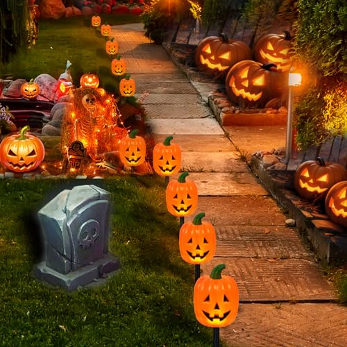 Long Pumpkin Stake Lights Set of 10 - Solar Halloween Yard Decor