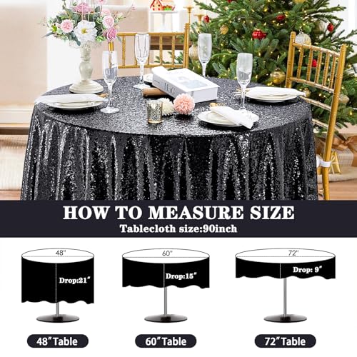 Black Sequin Round Tablecloth 90 Inch - Sparkling Party Decor, QueenDream