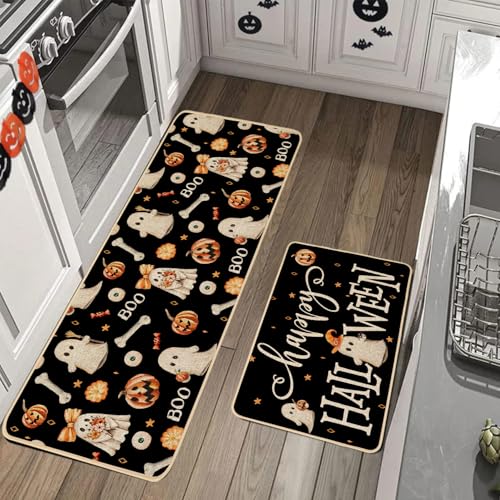 Halloween Ghost Pumpkins Kitchen Mat Set of 2 - Non-Slip, Absorbent Fall Rug