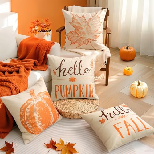 Fall Pillow Covers 18x18 Inch Set of 4 Autumn Harvest Decorations - Beige Maple Variation