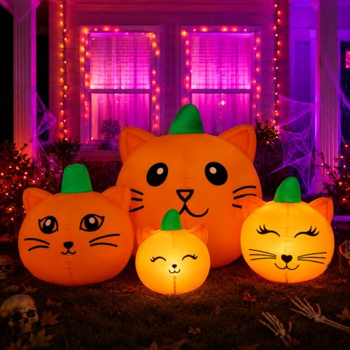 Halloween Inflatable Pumpkin Cat Heads Set - 6.3ft Outdoor Yard Decor with LED Lights