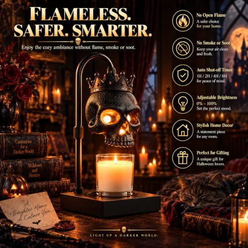 Gothic Skull Candle Warmer Lamp with Timer & Dimmer - Adjustable Height, Flameless Wax Melter
