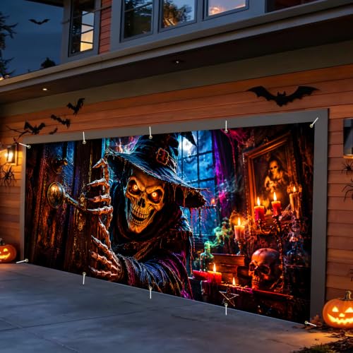 Gothic Halloween Garage Door Banner 7x16ft - Spooky Skeleton Wizard Outdoor Decoration - Halloween House Front Tapestry - Variation 263