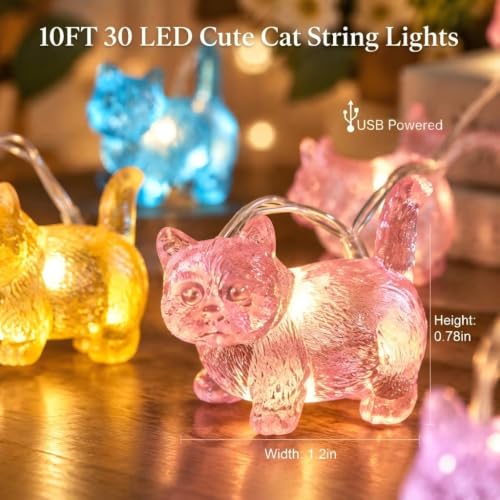 Cat String Lights - 30 LED Indoor Fairy Lights with USB Plug - 10ft