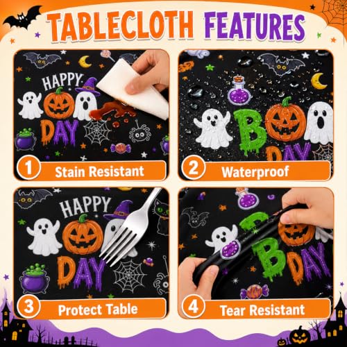 Halloween Tablecloth Set - Cute Ghost Pumpkin Black Cat - 54x108 Inch - 3 Pack
