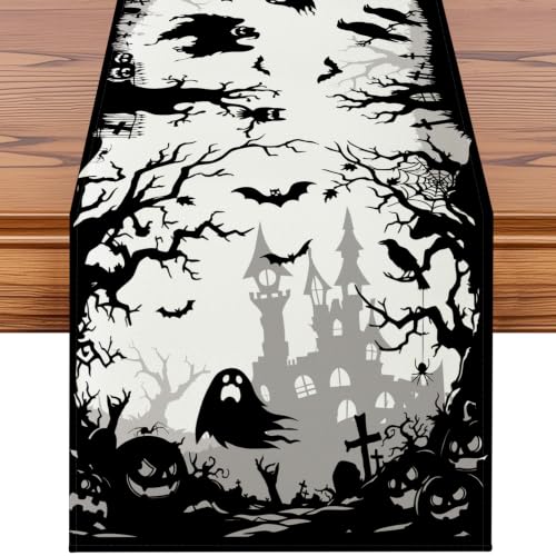 Artscope Halloween Haunted House & Ghost Table Runner 13x48 Inch - Spooky Fall Kitchen Decor