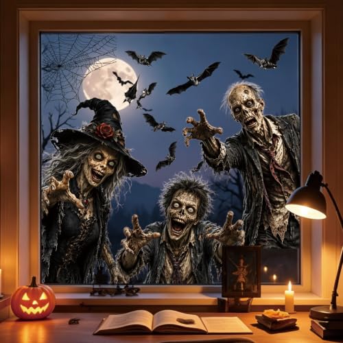 Halloween Window Clings PVC Witch Zombie Bat Decals Not Luminous - 12 pcs