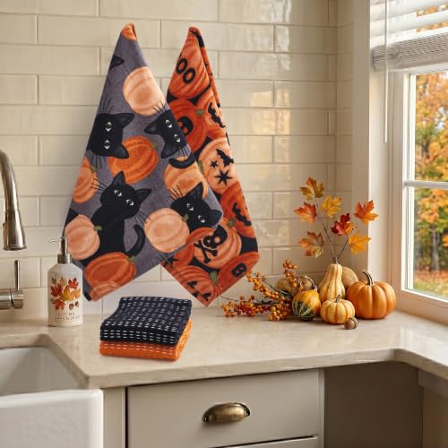 Carved Pumpkin Patch & Cat Peepers Halloween Kitchen Towel Set - 4 Pack