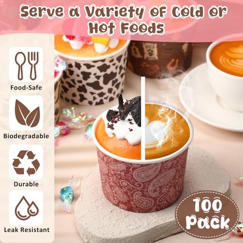 100 Pack Western Cowboy Ice Cream Paper Cups 8 oz Dessert Bowls