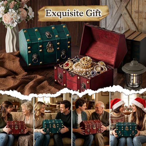 Vintage Wooden Treasure Chest Box with Lock for Jewelry Coins Storage Kids Gift