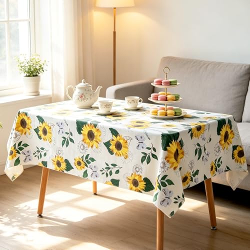 Sunflower Vinyl Tablecloth with Flannel Backing - Waterproof 70x52 Inch Rectangular Table Cover for Indoor Outdoor Dining & Events