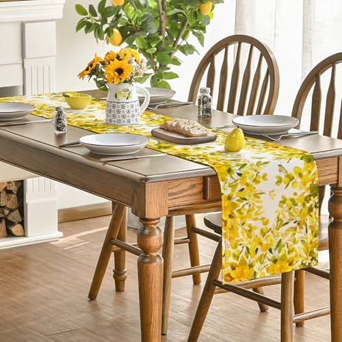 Yellow Floral Eucalyptus Table Runner 13x72 Inch Summer Home Decor