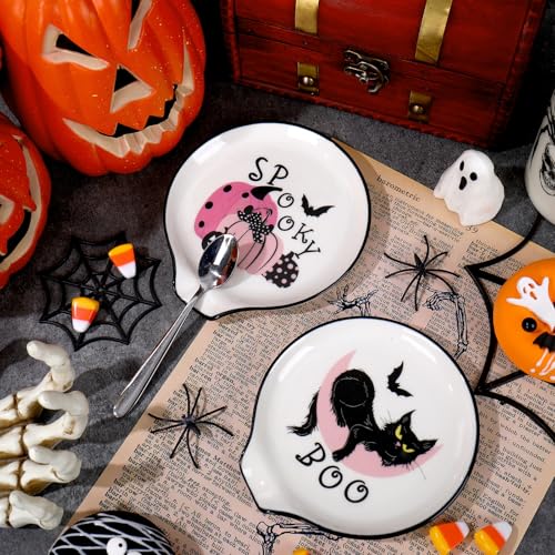 Pink Pumpkin and Moon Halloween Ceramic Spoon Rest Set - Cat & Pumpkin Design